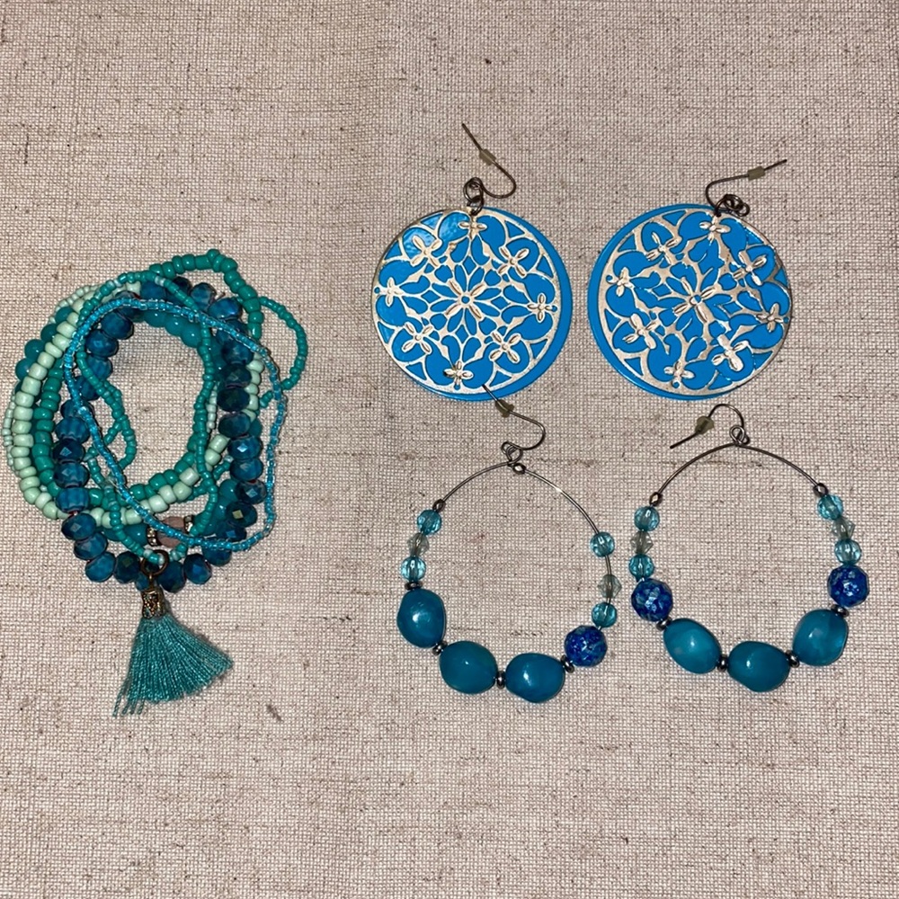 Set of 3 teal with silver metal